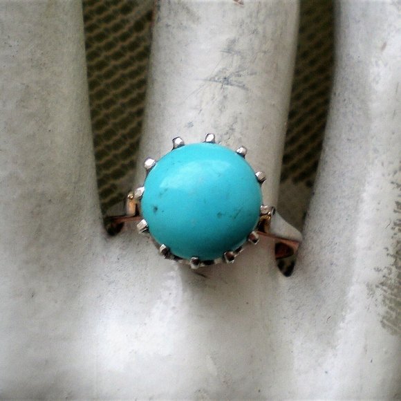 Vintage Russian Russia 14K 583 Rose Pink White Gold Turquoise Solitaire Ring - Picture 1 of 8